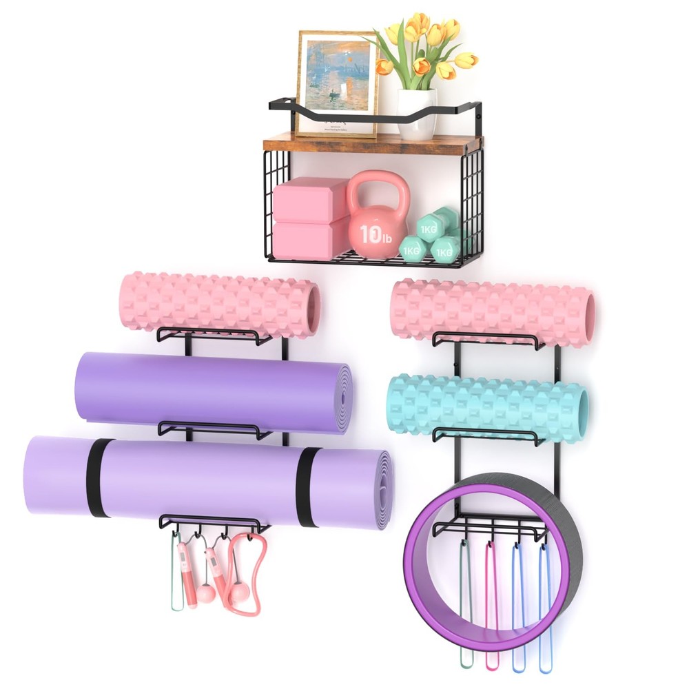 LIDTOP 6Tiers Yoga Mat Holder Wall Mount with Wood Floating Shelves, Yoga Mat…