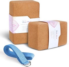 Cork Yoga Blocks 2 Pack 4 x 6 x 9 Inch with Yoga Strap 8ft for Stretching