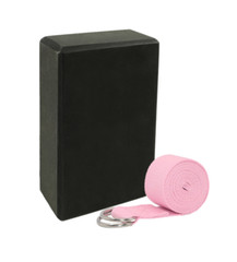 Black Yoga Block and Pink Yoga Strap