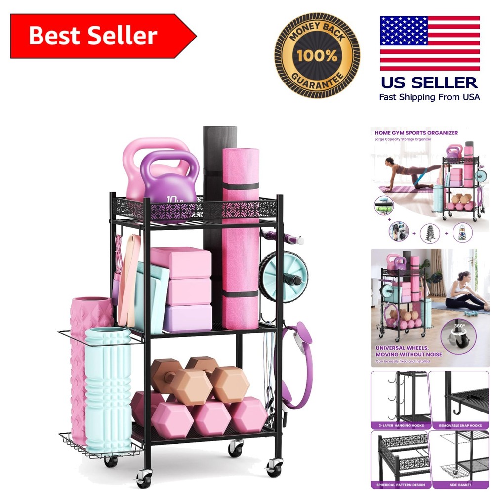 Versatile Exercise Equipment Organizer with Lockable Design and Removable Hooks