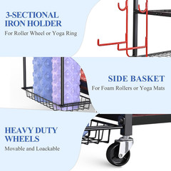 Yoga Mat and Equipment Storage Rack with Hooks and Wheels for Home Gym