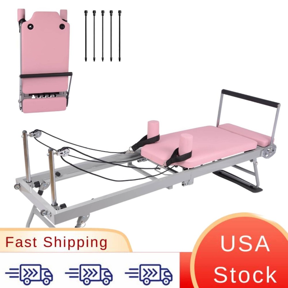 Pink Pilates Reformer Machine 77.5 in Foldable Home Gym Equipment, Adjustable St
