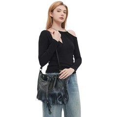 Women Bucket Fringe Hobo Bag Western Purse Vegan Leather Blk Double Straps