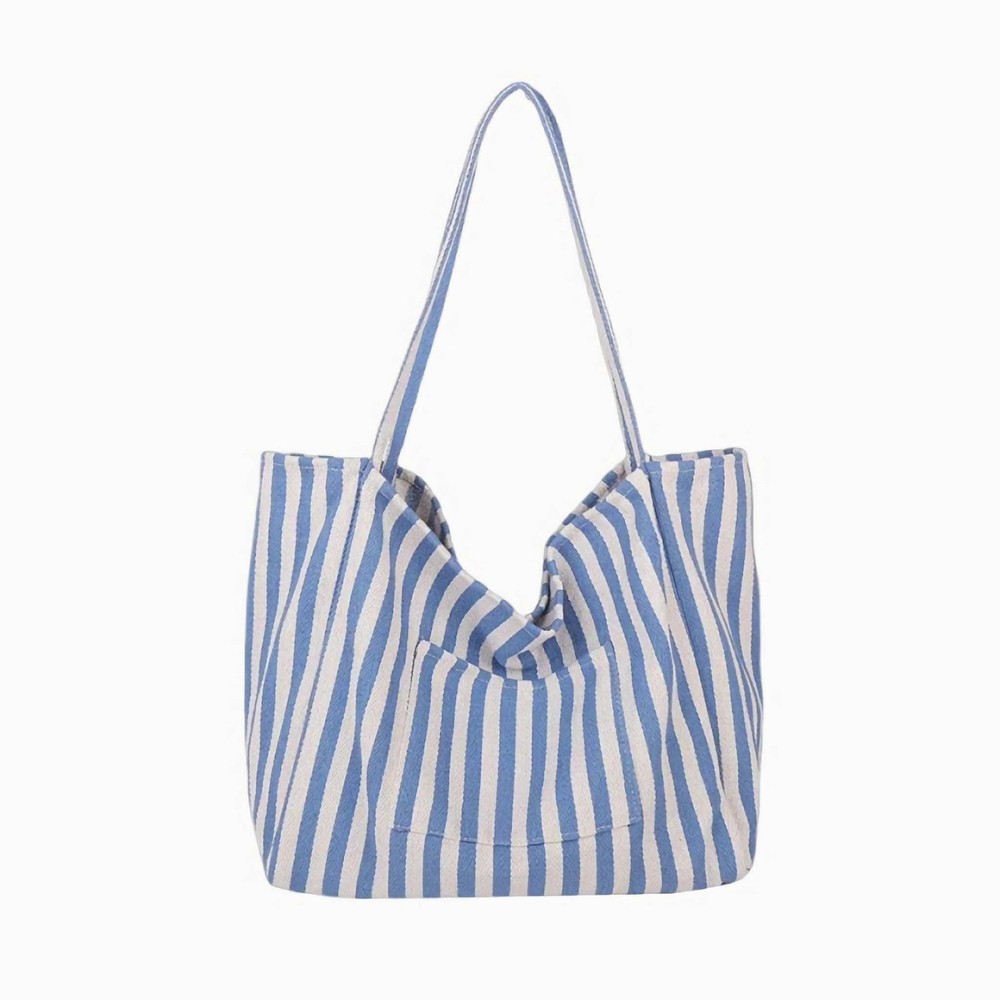 canvas tote bag for women, beach striped medium size shoulder bag with pocket…