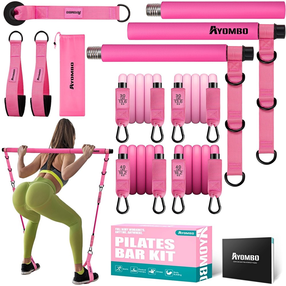 Ayombo Pilates Bar Kit with Resistance Bands, At Home Workout Equipment, Pink
