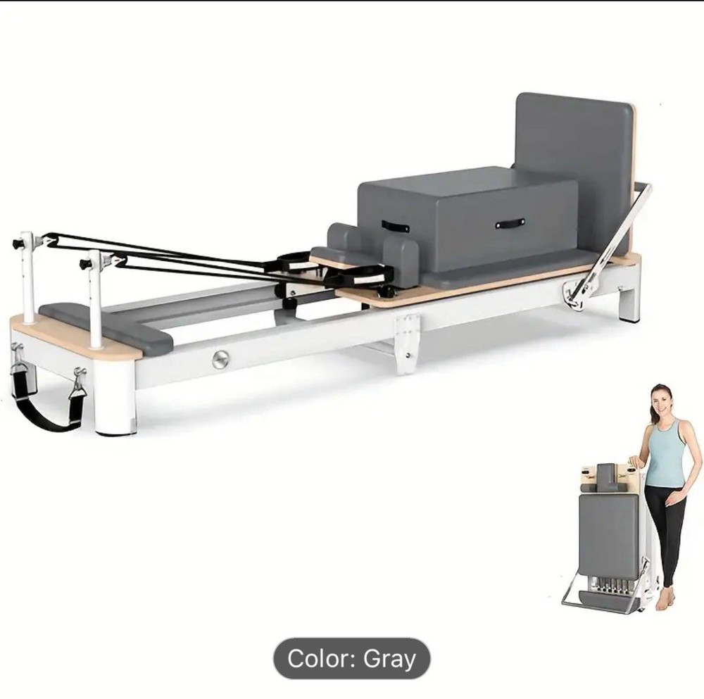 Foldable Aluminum Pilates Reformer Machine with Gray Upholstery. Brand New