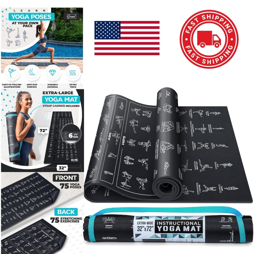 Instructional Yoga Mat with 75 Illustrated Poses and Carrying Strap for Comfort