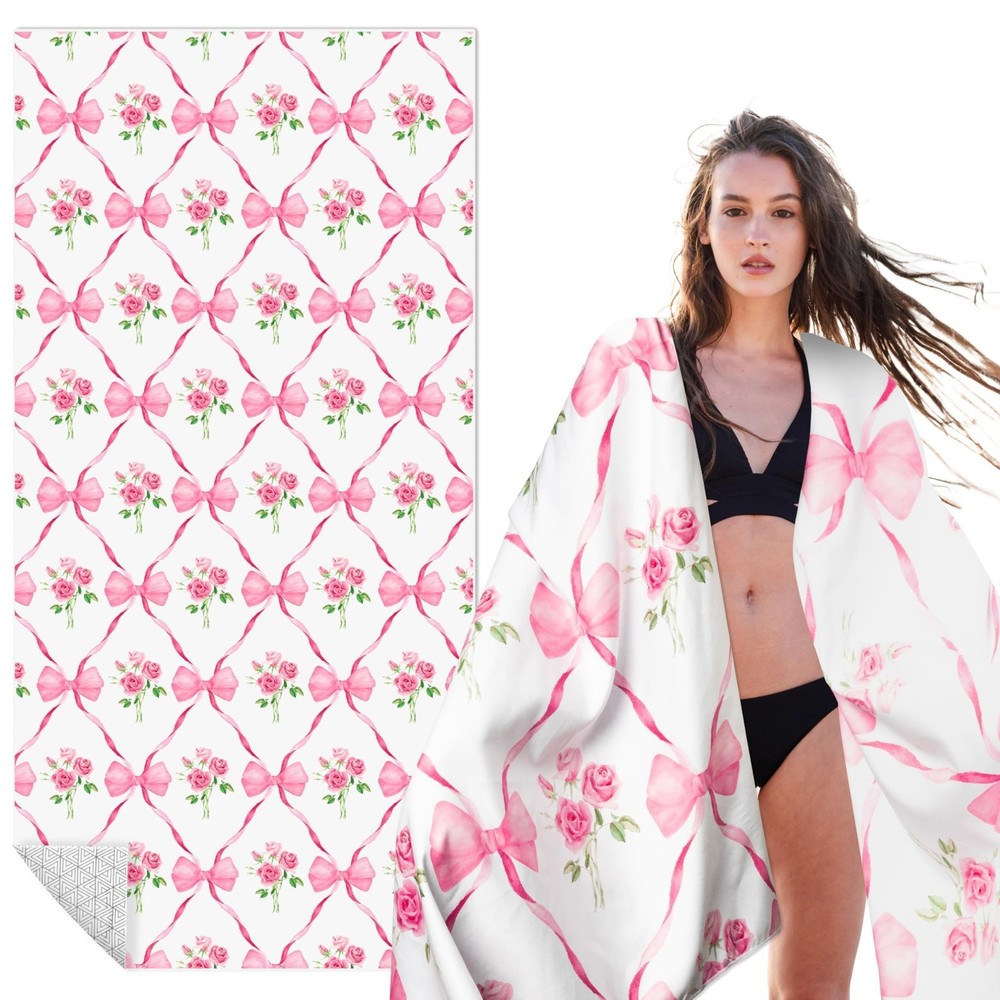 Pink Bow Oversized Beach Towel – Flower Double-sided Thin Microfiber Lightwei…