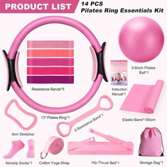 Pilates Ring Set 13″ Fitness Circle Ball Hip Thrust Belt Resistance Bands Bag