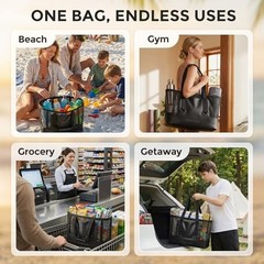 Large Mesh Beach Bag, Waterproof Bottom Tote, Structured Design Waterproof