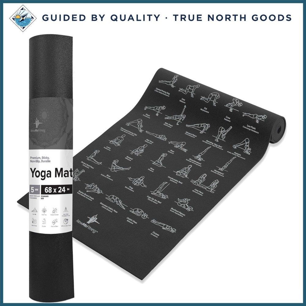 Thick 5mm PVC Yoga Mat for Home and Gym with Illustrated Poses for Stretching