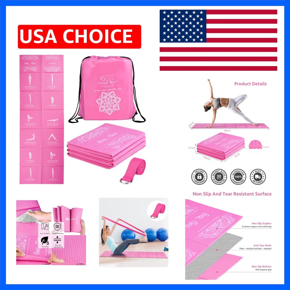 Foldable Yoga Mat for Women, Non Slip Exercise Mat for Home Gym, 5mm Travel Y…