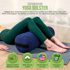 Yoga Bolster w/Natural Cotton – Many Color Choices – 2 Shapes – Carry Strap