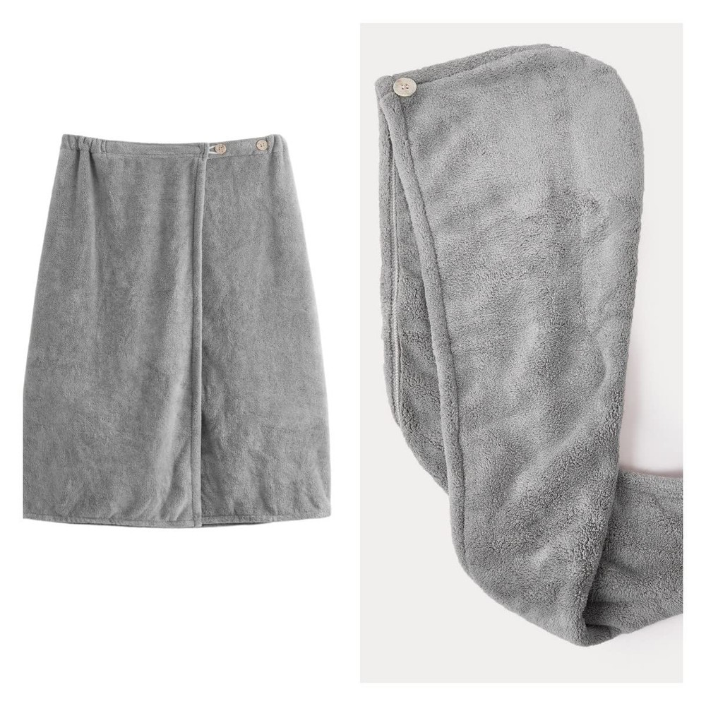 Coral Velvet Fleece Microfiber 2-Piece Bath Wrap Towel Set for Bathroom Grey
