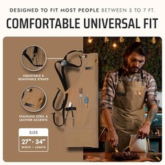 Chef and BBQ Apron with Bottle Opener and Hand Towel – 10oz Cotton Canvas, Tan