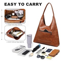 Hobo Bags for Women Retro Vegan Leather Slouchy Tote Shoulder Purses A1-brown