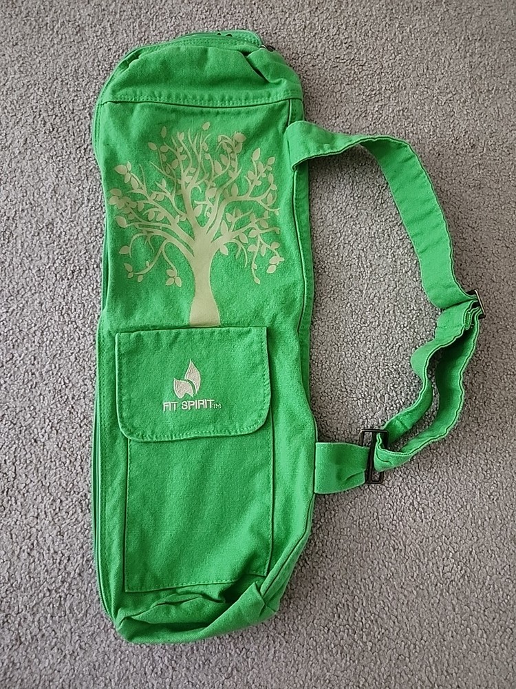 Fit Spirit Bag Full Zip Exercise Yoga Mat Tote Cargo Pockets Green Strap