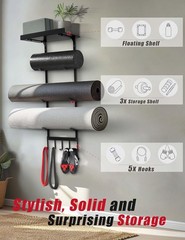 Yoga Mat Storage Rack Wall Mount Gym Shelf Hooks