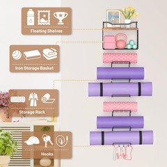 LIDTOP 6Tiers Yoga Mat Holder Wall Mount with Wood Floating Shelves, Yoga Mat…