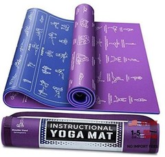Instructional Yoga Mat with Carrying Strap: Cute Yoga Blue/Purple (68″ x 24″)