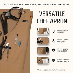 Chef and BBQ Apron with Bottle Opener and Hand Towel – 10oz Cotton Canvas, Tan