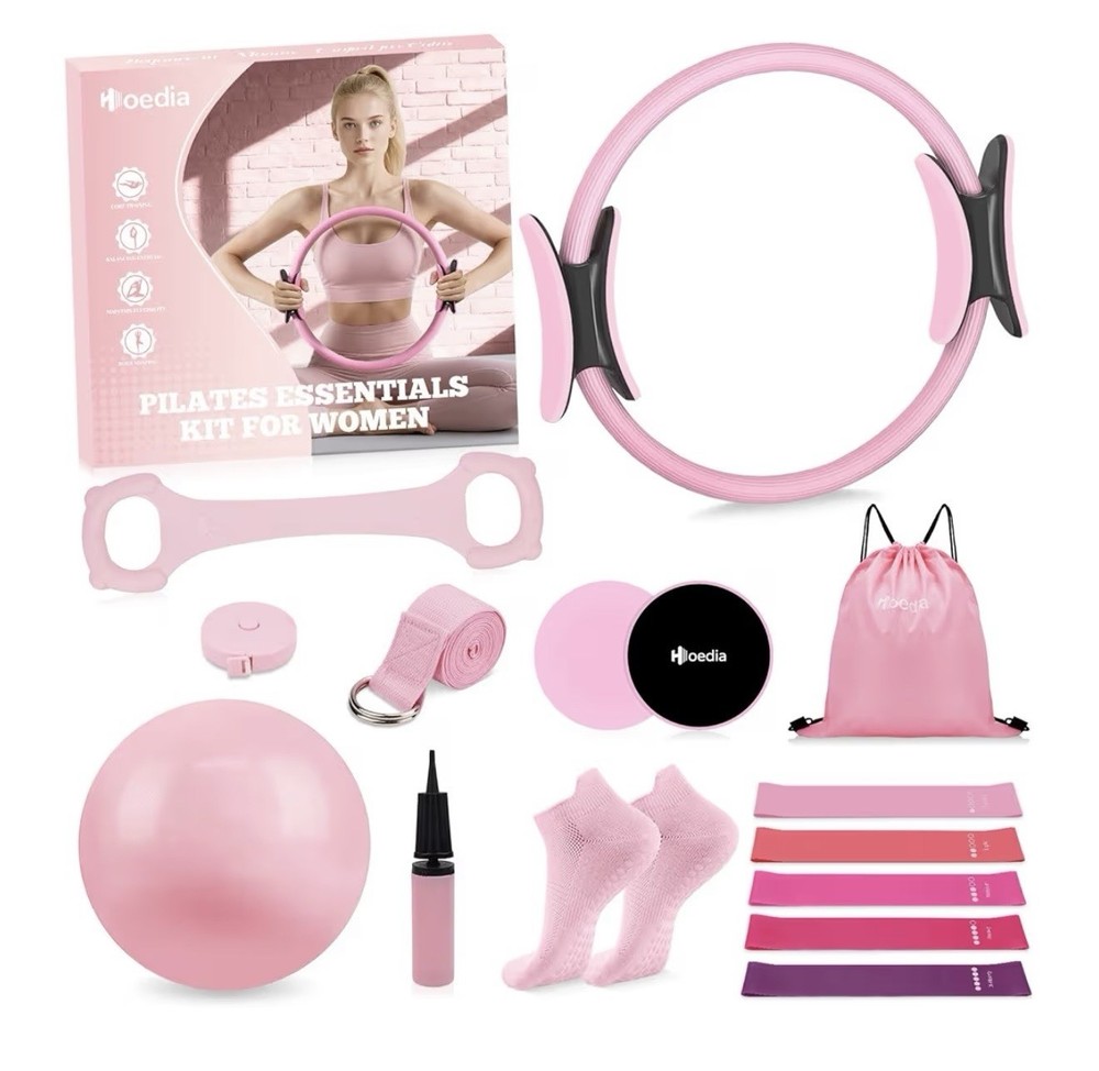 Pilates Kit for Women, 14-Piece Set, Pink, 14″ Ring, Ball, Bands