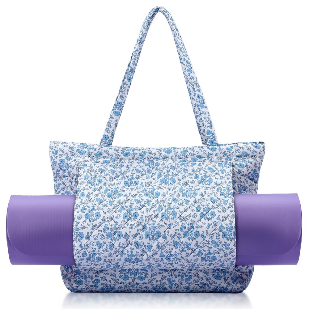 Blue Floral Quilted Yoga Bags with Mat Pocket for , Cute Cotton Floral Yoga T…