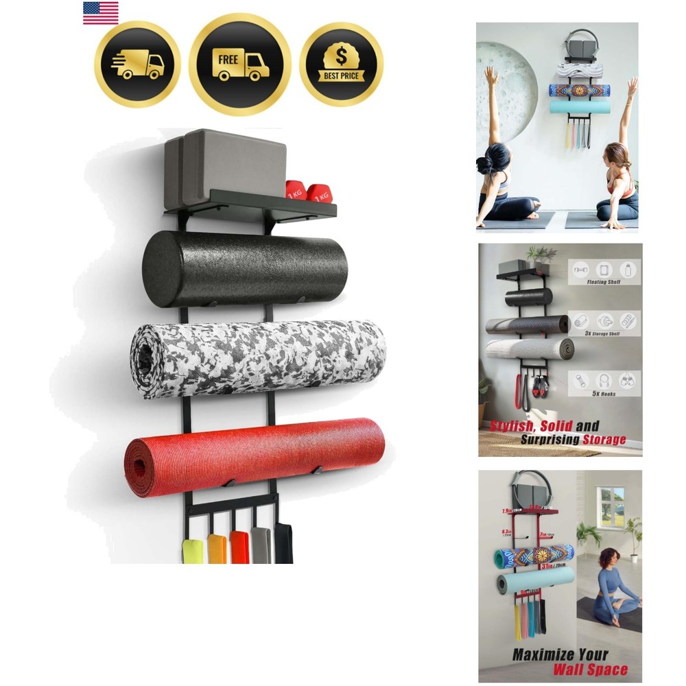 Yoga Mat Holder Wall Mount Storage Rack with Hooks and Shelves
