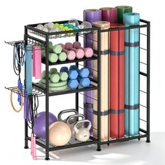 4-Tier Yoga Mat Holder & Home Gym Storage Rack with Hooks & Baskets – Metal Orga
