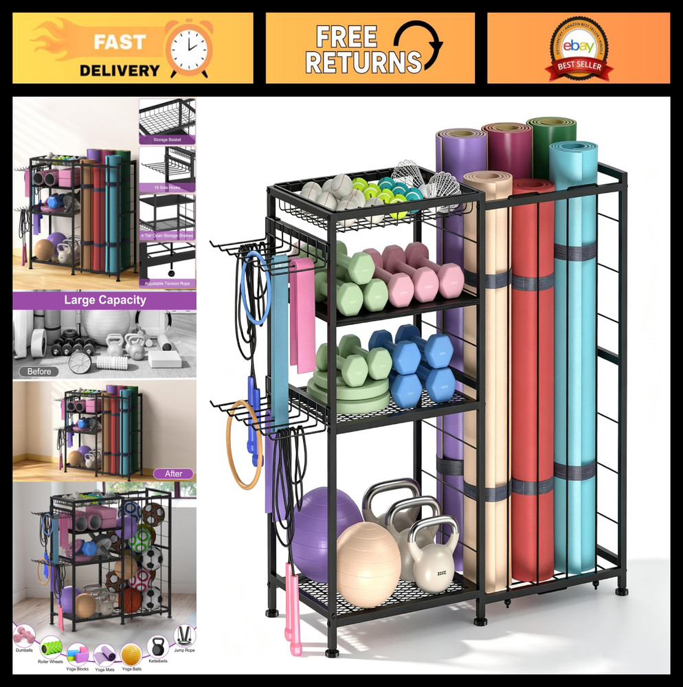 4-Tier Yoga Mat Holder & Home Gym Storage Rack with Hooks & Baskets – Metal Orga