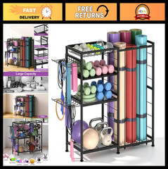 4-Tier Yoga Mat Holder & Home Gym Storage Rack with Hooks & Baskets – Metal Orga