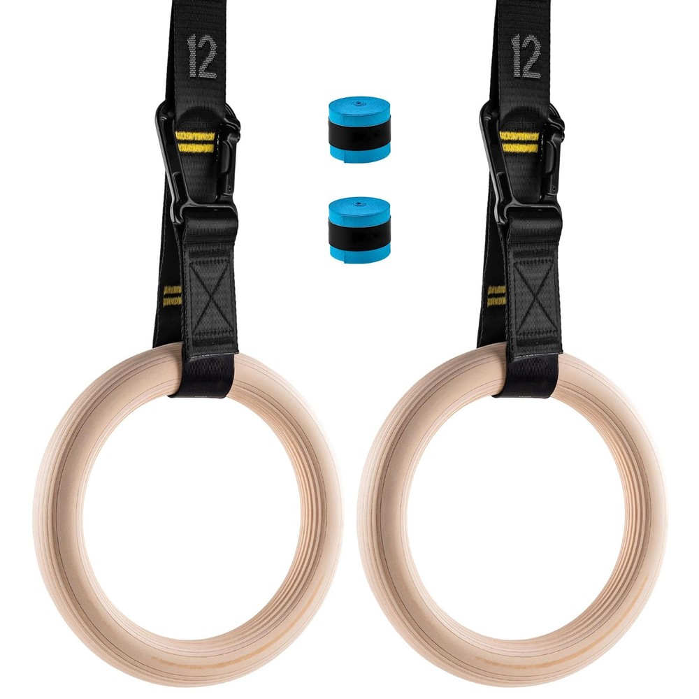Cupbunny Wooden Gym Rings with 9ft Double-Layer Numbered Straps Quick black
