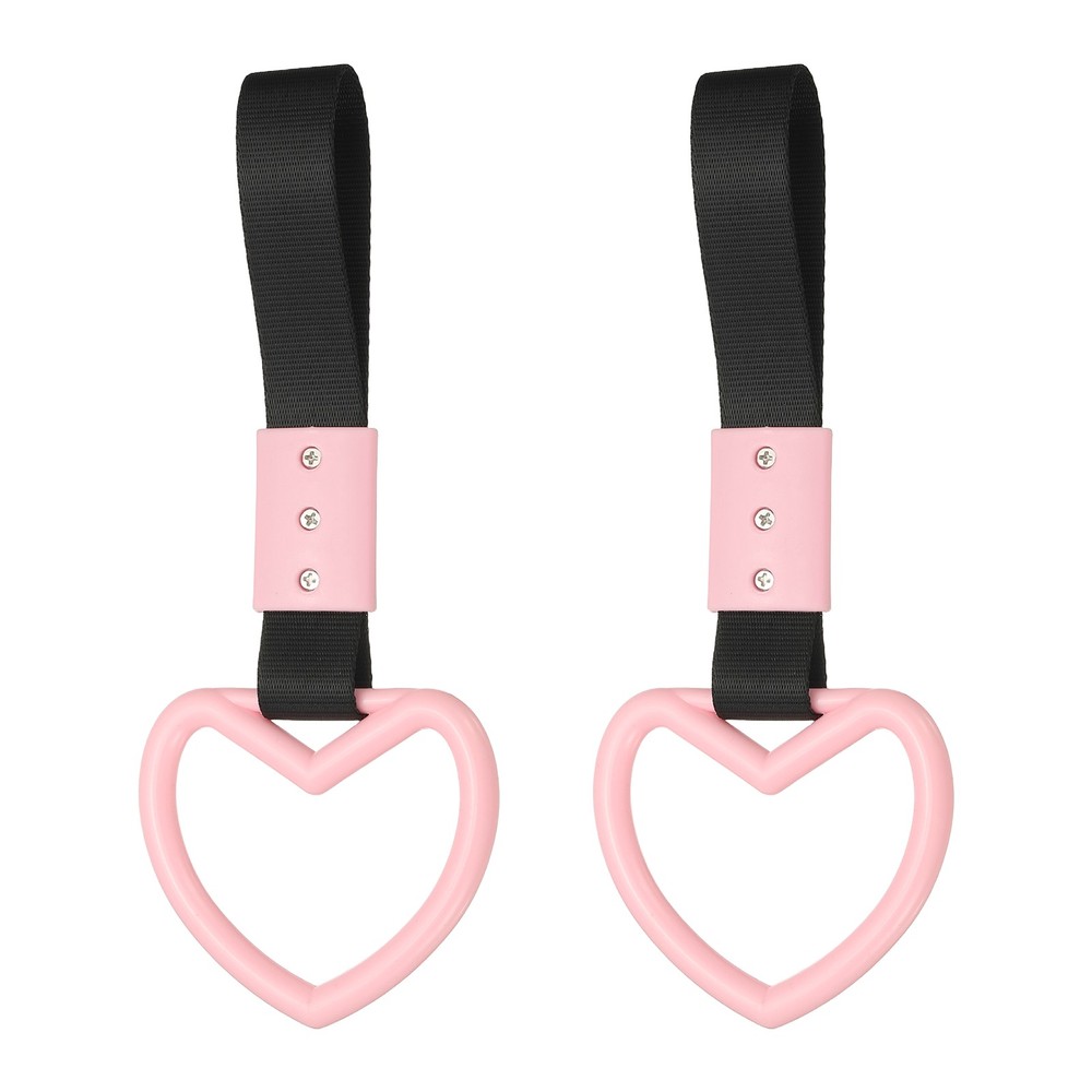 2Pcs, Heart Shaped Car Handle Straps Pink (Black Strap)