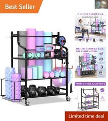 Durable Workout Equipment Organizer with Wheels and Hooks for Easy Access
