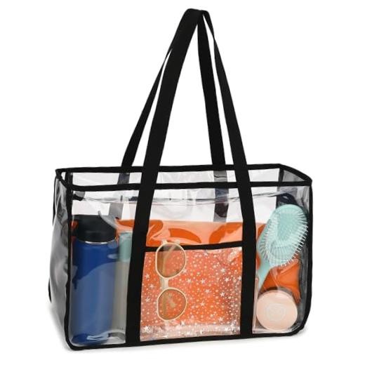 Clear Beach Bag for Women, Large Pool Tote Cruise Vacation Essentials – Black