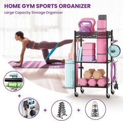 Efficient 3-Layer Home Gym Storage Rack with Wheels for Yoga & Fitness Equipment