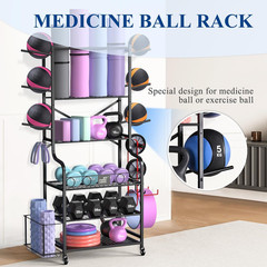 Yoga Mat and Equipment Storage Rack with Hooks and Wheels for Home Gym