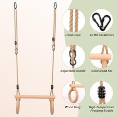 Children’s Trapeze Swing Bar with Wooden Gym Rings,Trapeze Bar for Swing Round