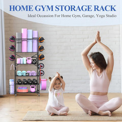 Yoga Mat and Equipment Storage Rack with Hooks and Wheels for Home Gym
