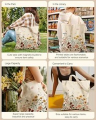 Aesthetic Tote Bag for Women- with Magnetic Buckle and Zipper Retro Flower