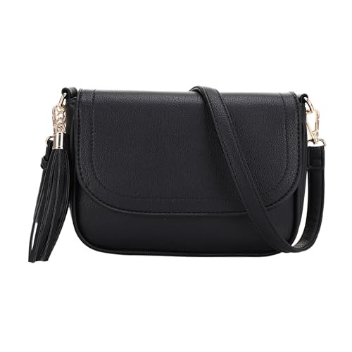 Small Crossbody Bags for Women Trendy Flap Saddle Purses with Tassel Black