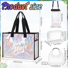 4-pcs Large Iridescent Clear Beach Bags Set for Women with Printed Text, Black