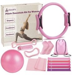 ElaraFit Women’s Pilates Essentials Kit 11pc Pink Ring Ball Bands Socks Bag