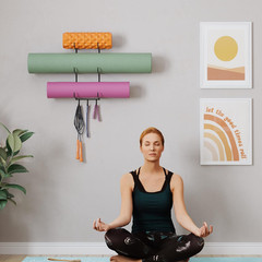 Guru Yoga Mat Holder Wall Mount with 3 Hooks for Hanging Yoga Strap, Resistance