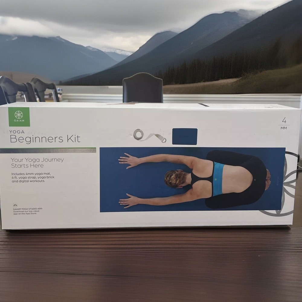 GAIAM Yoga Beginners Kit, 4mm Mat, Brick & Strap, NEW In Box, Blue