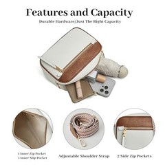 Small Crossbody Bag for Women Triple Pockets Vegan Leather Shoulder White&brown