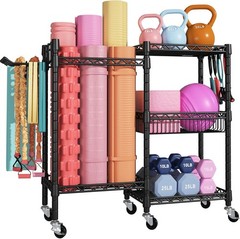 Home Gym Storage 3 Tiers Workout Equipment Organizer W/ Wheels Yoga Mats Foam