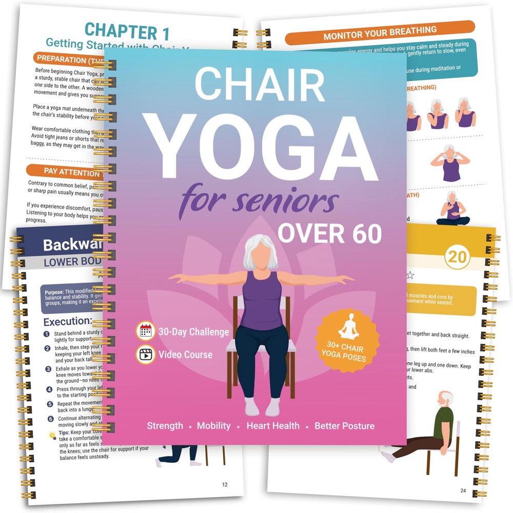 Chair Yoga for Seniors Over 60 Book and Chart, 30 Poses with yoga