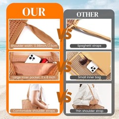 Beach Bags for Women, Summer Travel Mesh Tote Bag with Large Inner Pocket, Tan