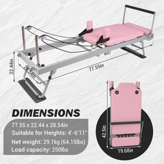 Resistance Ropes Included Pink Pilates Reformer Machine 77.5″, Foldable Adjustab